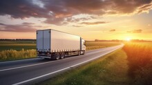 AI Generated Image Of Modern Large Trailer Driving Down An Empty Road At Sunset. Logistics Company. Freight Transportation. Fast Delivery.