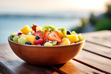 Wall Mural - Fresh Fruit Salad on Wooden Planks.AI
