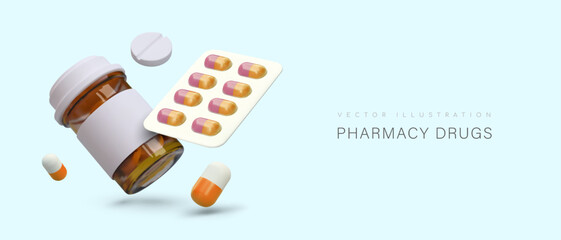 3d realistic jar, round pills and medicine in capsules. concept of pharmacy drugs. medical web poste