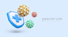 3d Realistic Medical Symbol With Blue Cross And Colorful Bacteria. Healthy Lifestyle Concept. Vector Illustration With Place For Text And Blue Background
