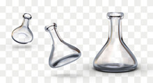 Realistic Empty Erlenmeyer Flask. Vertical And Inclined Position. Clean Laboratory Ware. Set Of Vector Elements With Glass Texture, Reflections, Shadows