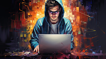 Man wearing a hoodie and glasses engrossed in his work on laptop. Modern and tech-savvy individual, surrounded by an abstract background, adding a touch of creativity and sophistication to the scene.