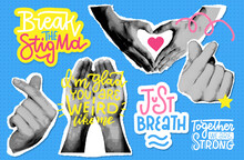 Collage Stickers Sey With Hand Showing Love Gestures In Halftone Effect Style. Cut Out Paper Pieces. The Hand Holds Gesturing Heart Sign. Vector Y2k Modern Illustration With Self Love Quotes.