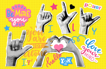 halftone poster with lovely hands set. love collage elements. heart gesture sign with gesture langua