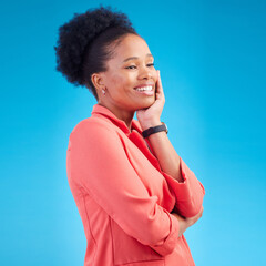 Wall Mural - Happy, thinking and business with black woman in studio for professional, creative and pride. Entrepreneur, idea and vision with female employee on blue background for confidence, decision and smile