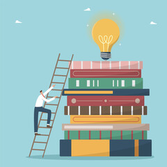 Develop intelligence and logic through reading books, new knowledge and wisdom to innovate and creative ideas, learning and education for success, man climbs ladder on stack of books with light bulb.