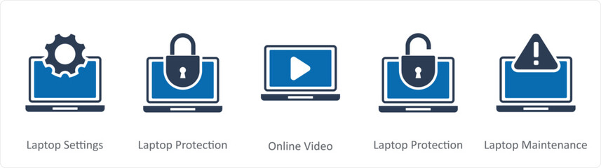 A set of 5 Internet icons as laptop settings, laptop protection, online video