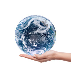 Wall Mural - Earth in a hand. Save the planet earth concept. A woman's hand holding the world isolated on png background. Earth day conceptual image. Elements of this image furnished by NASA.	
