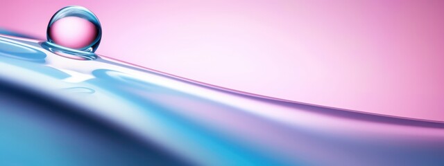 Sticker - Beautiful clean transparent bright drop of water on smooth surface in blue and pink colors, macro. Creative image of beauty of environment and nature