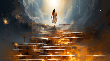 Poster - Woman walking towards the light. Christian illustration.