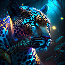 Beautiful Jaguar Portrait With Glowing Background, Digital Illustration.