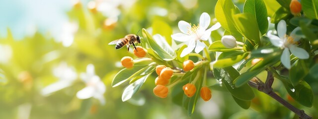 Wall Mural - Beautiful natural background with orange tree foliage and flowers and a bee outdoors in nature