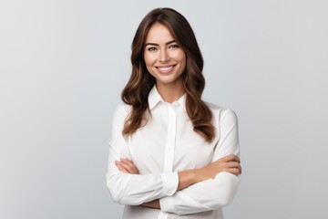 Portrait of young happy woman looks in camera. Skin care beauty, skincare cosmetics, dental concept isolated over white background.