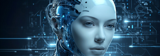 Humanoid robot face close-up, futuristic background.
