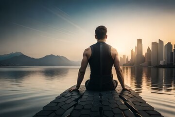 person sitting on the pier, body builder sitting on the pier 