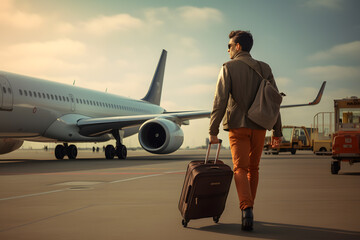 A person boarding a plane and carrying a luggage