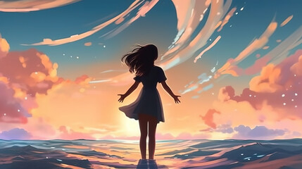 Wall Mural - an amazing anime artwork of finding peace, a girl standing on the ocean and feeling the freedom, strong and brave wallpaper, ai generated image