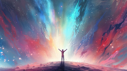 feeling free wallpaper illustration, a person standing in front of a colorful impressive sky, ai generated image