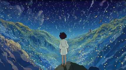 Wall Mural - a classic anime inspired wallpaper of a girl standing on top of a hill and watching a landscape full of fireflies, ai generated image