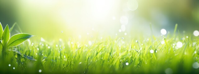 Sticker - Spring summer background with a frame of grass and leaves on nature. Juicy lush green grass on meadow with drops of water dew sparkle in morning light outdoors close-up, copy space, wide format