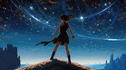 Wall Mural - a warrior medieval girl at the top of the hill watching beautiful shooting stars, ai generated image