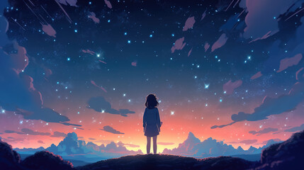 Wall Mural - a lonely girl at the top of the mountain watching a beautiful sunset, ai generated image