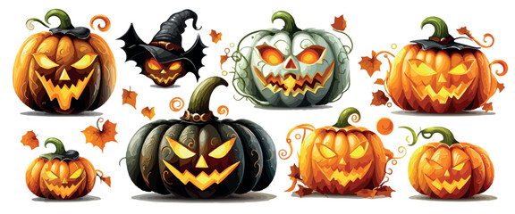 Wall Mural - Set of halloween pumpkins, funny faces. Autumn holidays. Vector illustration