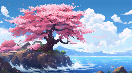 Wall Mural - an epic calm peaceful cherry tree at a lake, little waves, anime manga artwork, ai generated image