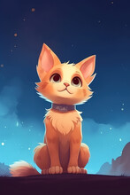 Cute Red Dreaming Kitty Looking Up At Night Sky. Cat Illustration