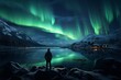 Man fascinated by northern lights. Beautiful illustration picture. Generative AI