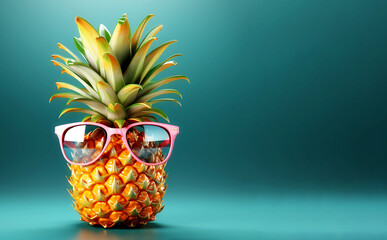 Pineapple in sunglasses on a colored background.