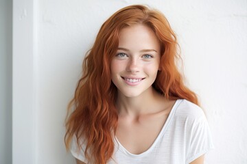 Closeup of happy attractive young woman with long wavy red hair and freckles wears stylish t shirt looks happy and smiling isolated over background