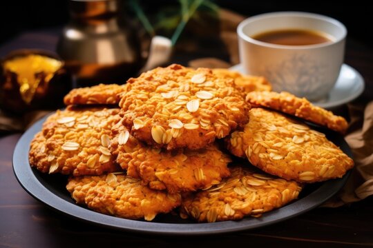 Fresh baked oatmeal cookies. Delicious crunchy dessert. Generative A
