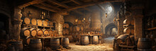 Brewery Cellar Background, Wooden Barrels With Beer Or Wine In Dark Cellar