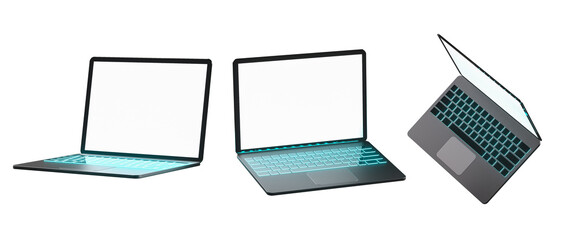 Modern gaming laptop device mockup, blank screen in isometric perspective. 3D render
