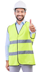 Canvas Print - Architect portrait, thumbs up or happy man for development success, real estate vote or construction yes approval. Engineer, emoji like icon or studio person for civil engineering on white background