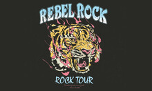 Rebel Rock Vector Print Design For T Shirt And Others. Wild Animal Graphic Print Design For Apparel, Stickers, Posters, Background . Tiger  Face Artwork. Tock Tour Print.