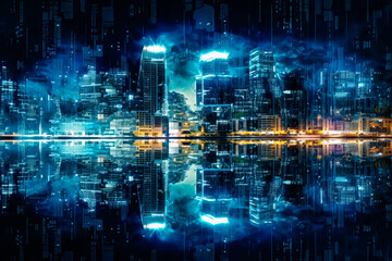 Data, information technology and innovation in a city at night for cyber security or digital networking. Communication, overlay and cloud computing with special effects over a futuristic urban town