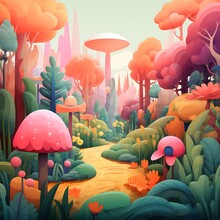 A Forest With Plants And A Path In An Abstract Style