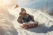 Boy riding snow slide. Generate Ai