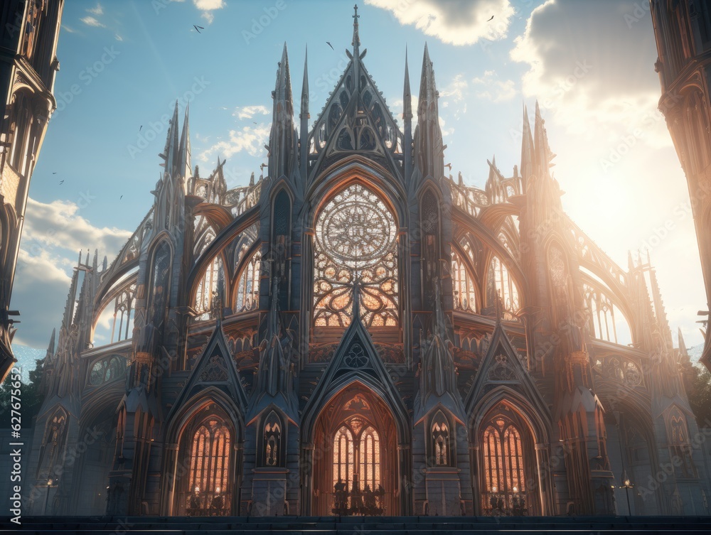A grand and ornate Gothic cathedral with intricate stained glass ...