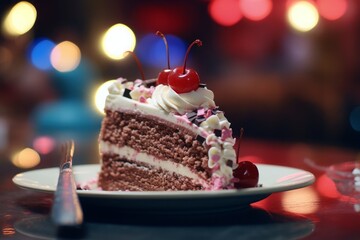 Close-up of a birthday cake slice on a plate 