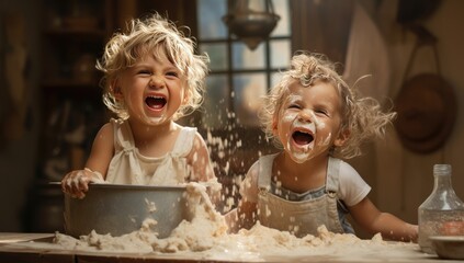 Happy family funny kids bake cookies in kitchen. Creative and happy childhood concept.