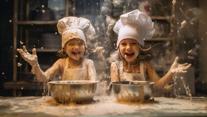 Happy family funny kids bake cookies in kitchen. Creative and happy childhood concept.