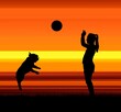 French bulldog and girl are playing volleyball