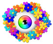 Eye and abstract colored flowers, transparent background