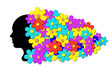 Silhouette of a girl's head, abstract colored flowers, transparent background
