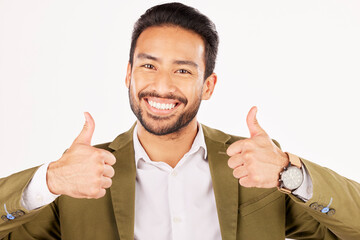 Wall Mural - Thumbs up, portrait and asian man in business for success in studio, white background and winning news. Happy worker, ok emoji and like sign for feedback, review or vote yes in agreement of support