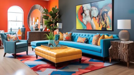 Vibrant and Eclectic Living Room with a Mix of Patterns, Bold Colors