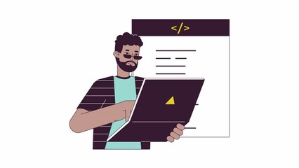 It developer coding on laptop line 2D animation. Software engineering remote employee 4K video motion graphic. Coder programmer developer linear animated cartoon flat concept, white background